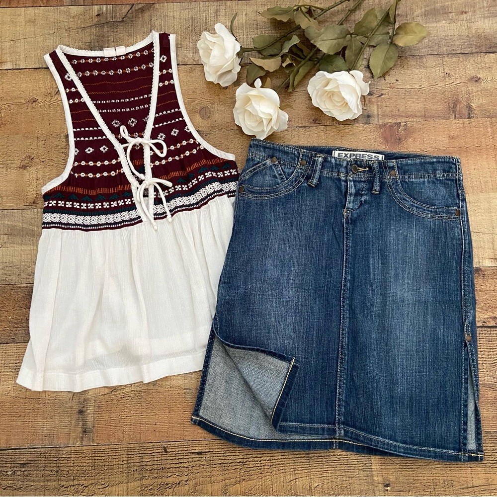 Skirt Denim Jean EXPRESS Stretch Mini Skirt with Large Slits on Each Side - Picture 2 of 12